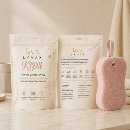 LYVAX Kids Smart Bath Sponge – front and back packaging with pink sponge