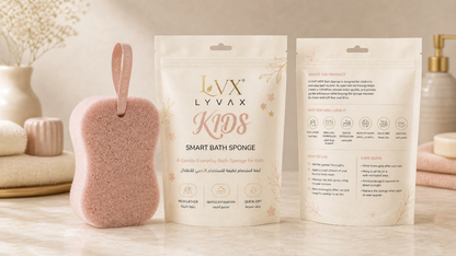 LYVAX Kids Smart Bath Sponge – packaging and pink sponge lifestyle shot